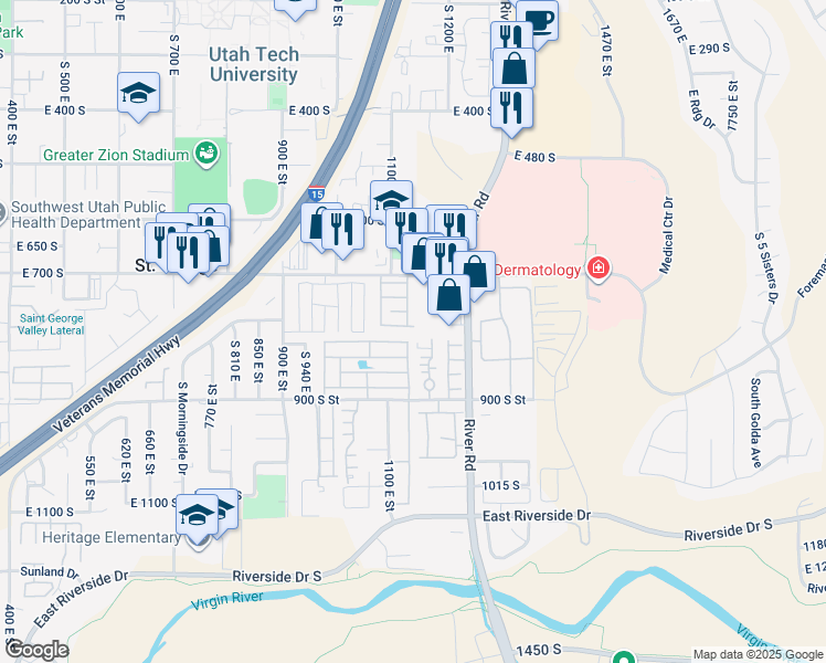 map of restaurants, bars, coffee shops, grocery stores, and more near 1090 East 700 South in St. George