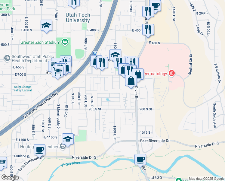 map of restaurants, bars, coffee shops, grocery stores, and more near 1090 East 700 South in St. George