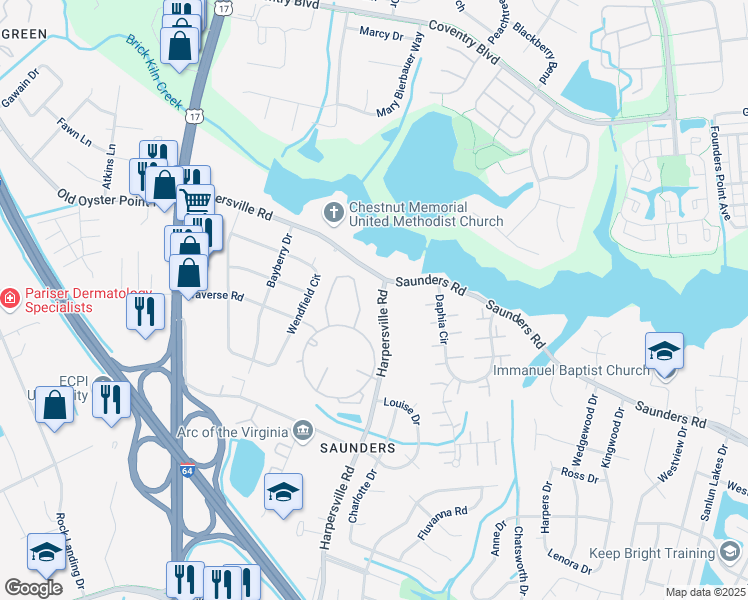 map of restaurants, bars, coffee shops, grocery stores, and more near 981 Harpersville Road in Newport News