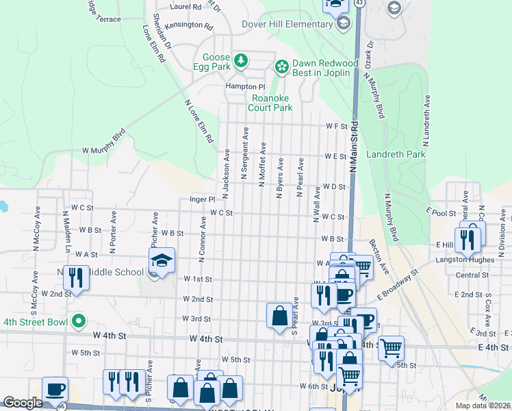 map of restaurants, bars, coffee shops, grocery stores, and more near 411 North Sergeant Avenue in Joplin