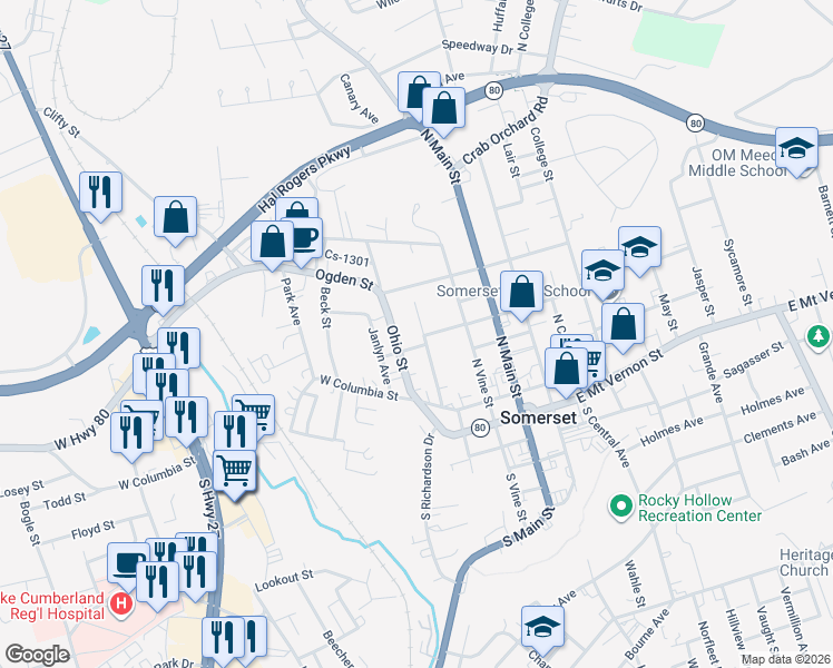 map of restaurants, bars, coffee shops, grocery stores, and more near 129 North Richardson Drive in Somerset