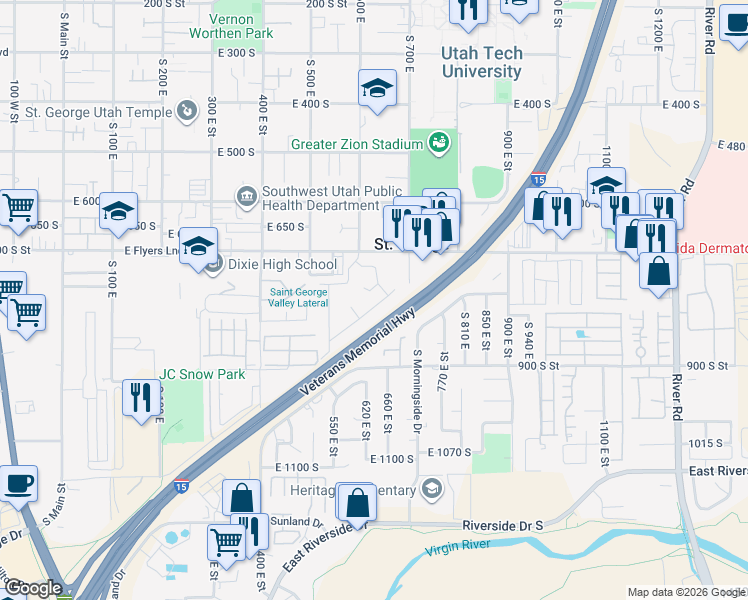 map of restaurants, bars, coffee shops, grocery stores, and more near 635 Concord Way in St. George