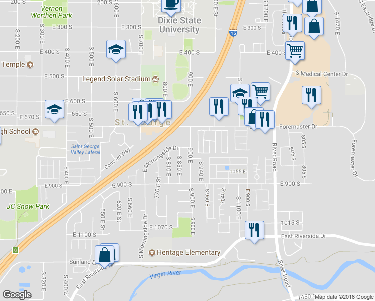 map of restaurants, bars, coffee shops, grocery stores, and more near 770 South 900 East in St. George
