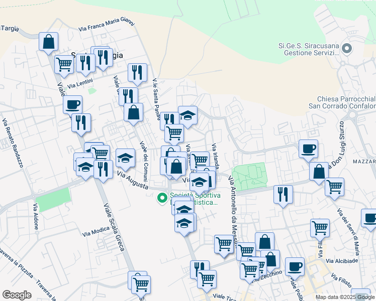 map of restaurants, bars, coffee shops, grocery stores, and more near 33 Via Ungheria in Siracusa
