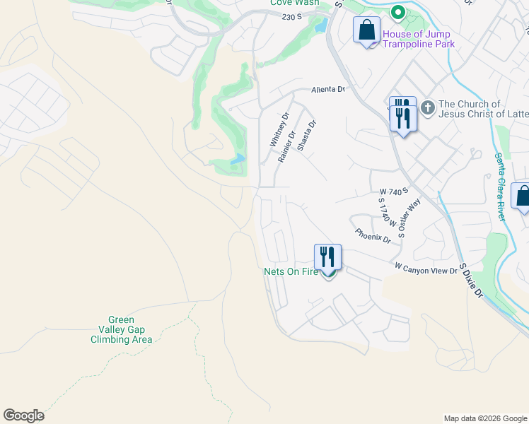 map of restaurants, bars, coffee shops, grocery stores, and more near 2050 West Canyon View Drive in St. George