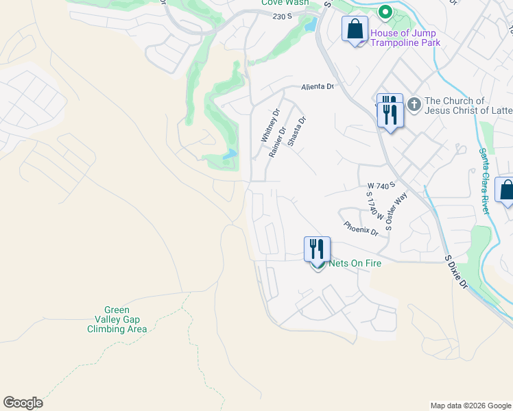 map of restaurants, bars, coffee shops, grocery stores, and more near 2050 West Canyon View Drive in St. George