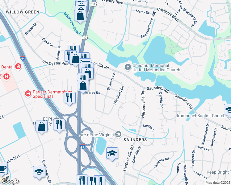 map of restaurants, bars, coffee shops, grocery stores, and more near 22 Malbon Avenue in Newport News
