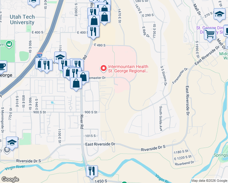 map of restaurants, bars, coffee shops, grocery stores, and more near 1424 Foremaster Drive in Saint George