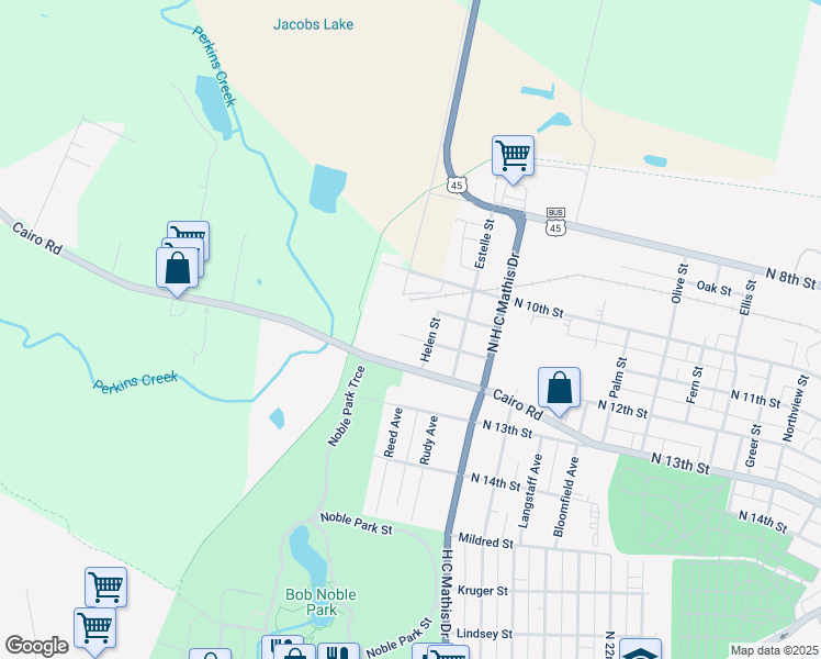 map of restaurants, bars, coffee shops, grocery stores, and more near 2519 Maple Avenue in Paducah