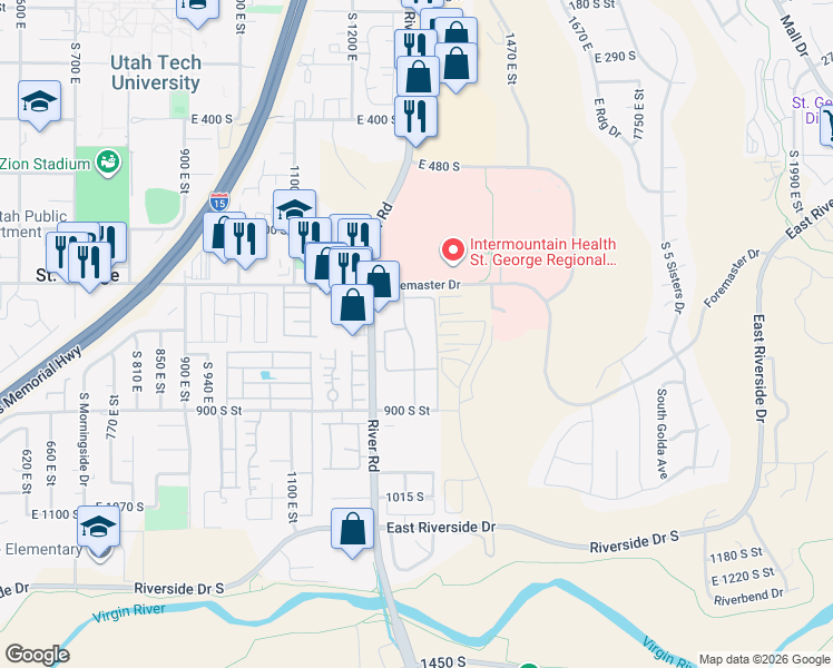 map of restaurants, bars, coffee shops, grocery stores, and more near 805 South River Road in St. George