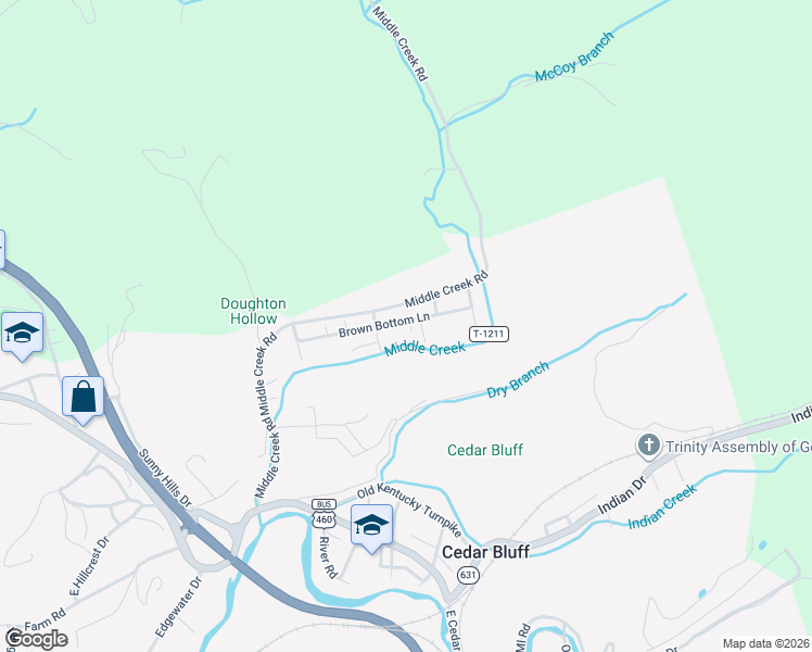 map of restaurants, bars, coffee shops, grocery stores, and more near 201-273 State Route T-1212 in Cedar Bluff