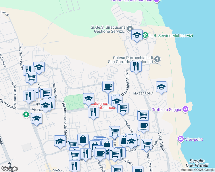 map of restaurants, bars, coffee shops, grocery stores, and more near 13 Via Giuseppe Conigliaro in Siracusa