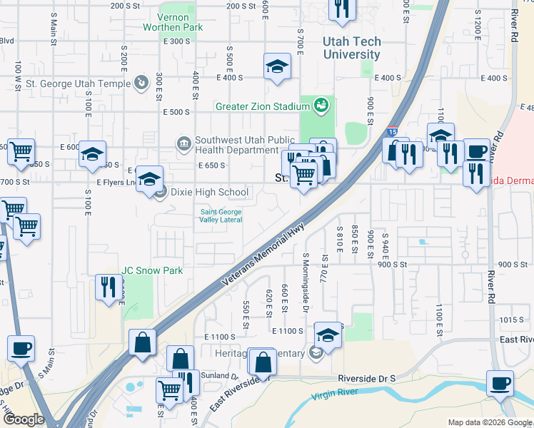 map of restaurants, bars, coffee shops, grocery stores, and more near 610 East 760 South Circle in St. George