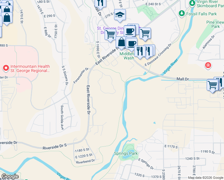 map of restaurants, bars, coffee shops, grocery stores, and more near East Riverside Drive in St. George