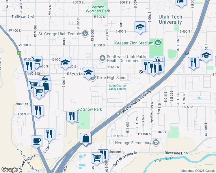 map of restaurants, bars, coffee shops, grocery stores, and more near Unnamed Road in St. George