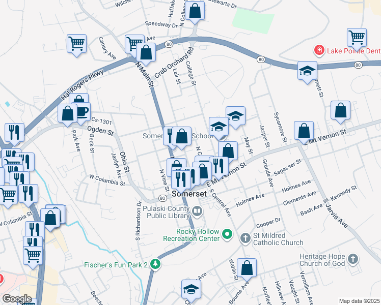 map of restaurants, bars, coffee shops, grocery stores, and more near 134 North Maple Street in Somerset