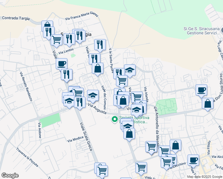 map of restaurants, bars, coffee shops, grocery stores, and more near Via Calatabiano in Syracuse