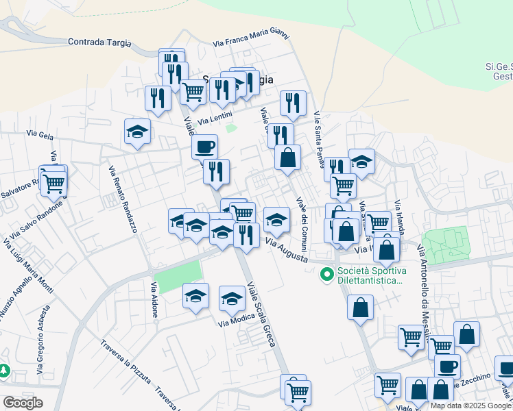map of restaurants, bars, coffee shops, grocery stores, and more near 20A Via Mascalucia in Siracusa