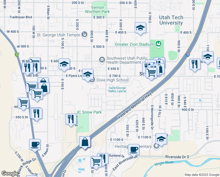 map of restaurants, bars, coffee shops, grocery stores, and more near Unnamed Road in St. George