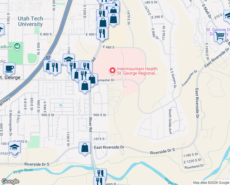 map of restaurants, bars, coffee shops, grocery stores, and more near 1424 Foremaster Drive in Saint George