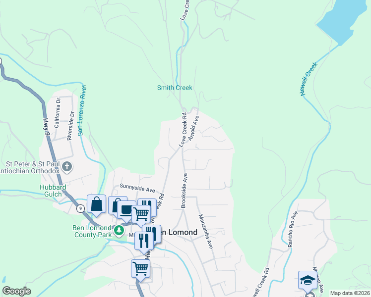 map of restaurants, bars, coffee shops, grocery stores, and more near 125 Estates Drive in Ben Lomond