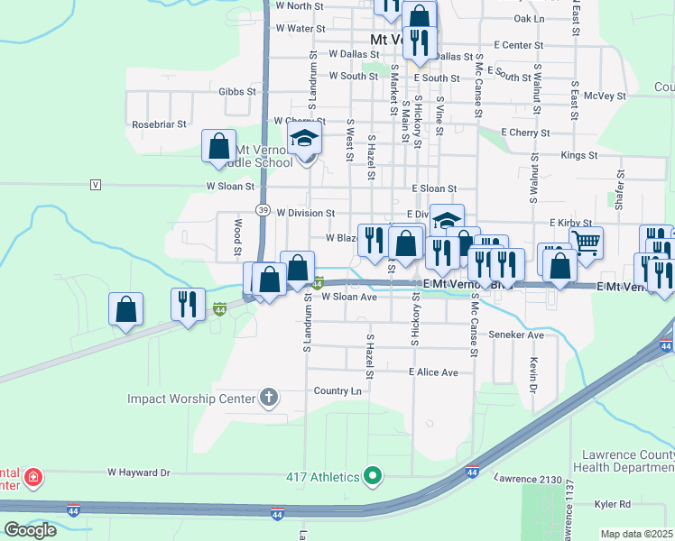 map of restaurants, bars, coffee shops, grocery stores, and more near 321 West Mount Vernon Boulevard in Mount Vernon