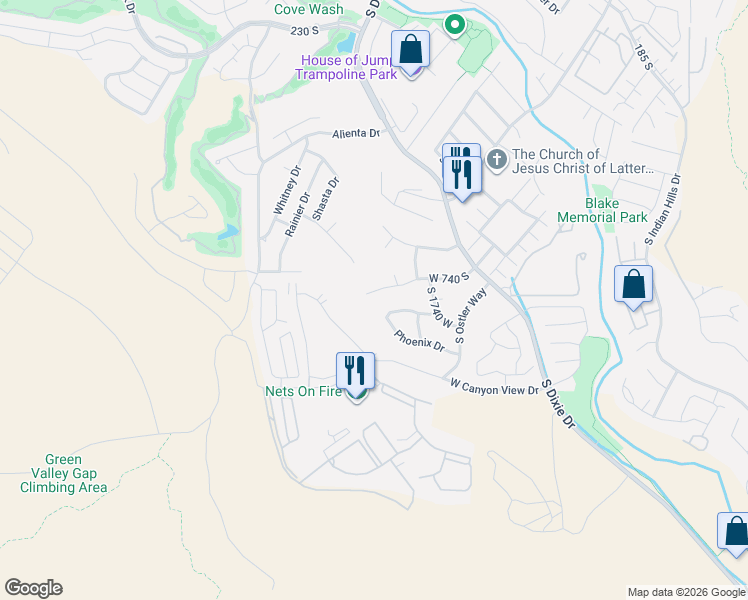 map of restaurants, bars, coffee shops, grocery stores, and more near 1834 West 1300 South in St. George