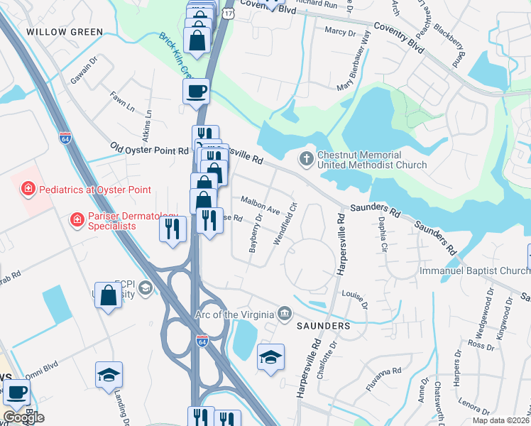 map of restaurants, bars, coffee shops, grocery stores, and more near 13 Bayberry Drive in Newport News