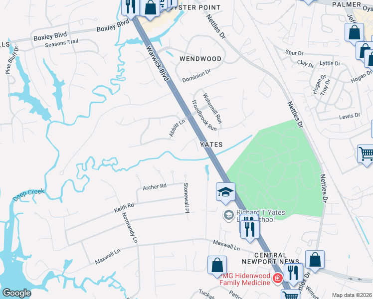 map of restaurants, bars, coffee shops, grocery stores, and more near 319 Charleston Way in Newport News