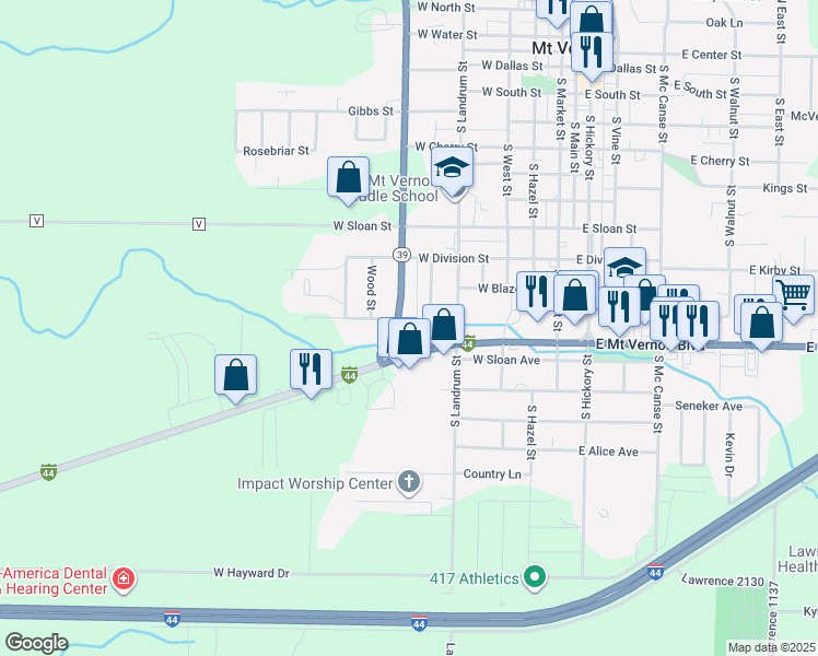 map of restaurants, bars, coffee shops, grocery stores, and more near 600 West 1st Street in Mount Vernon