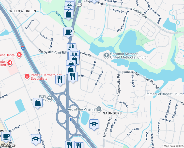 map of restaurants, bars, coffee shops, grocery stores, and more near 13 Bayberry Drive in Newport News