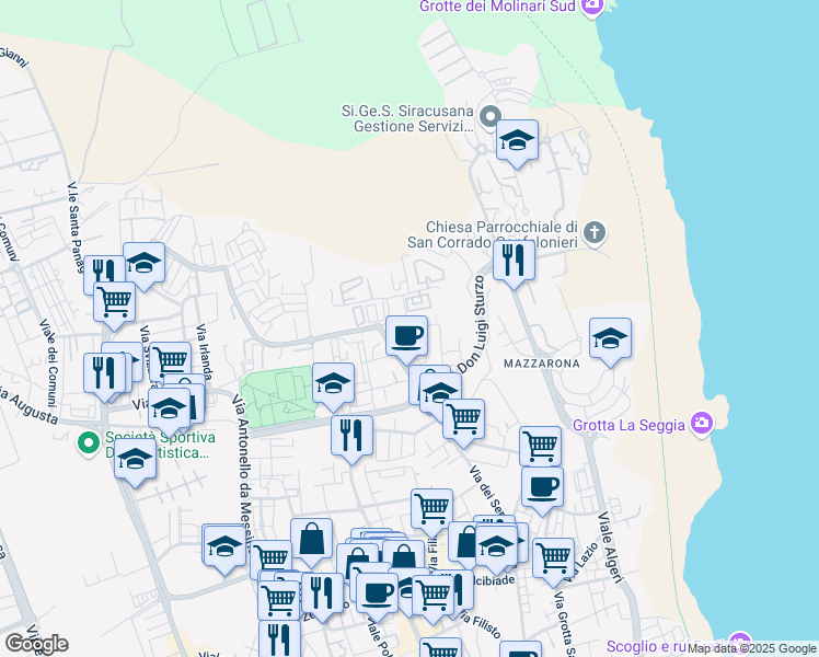 map of restaurants, bars, coffee shops, grocery stores, and more near 13 Via Giuseppe Conigliaro in Siracusa
