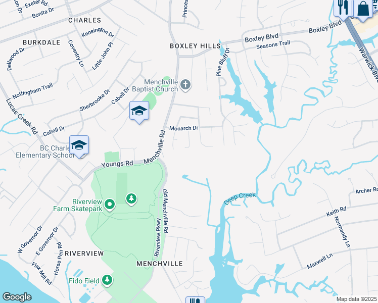 map of restaurants, bars, coffee shops, grocery stores, and more near 296 Adrienne Place in Newport News