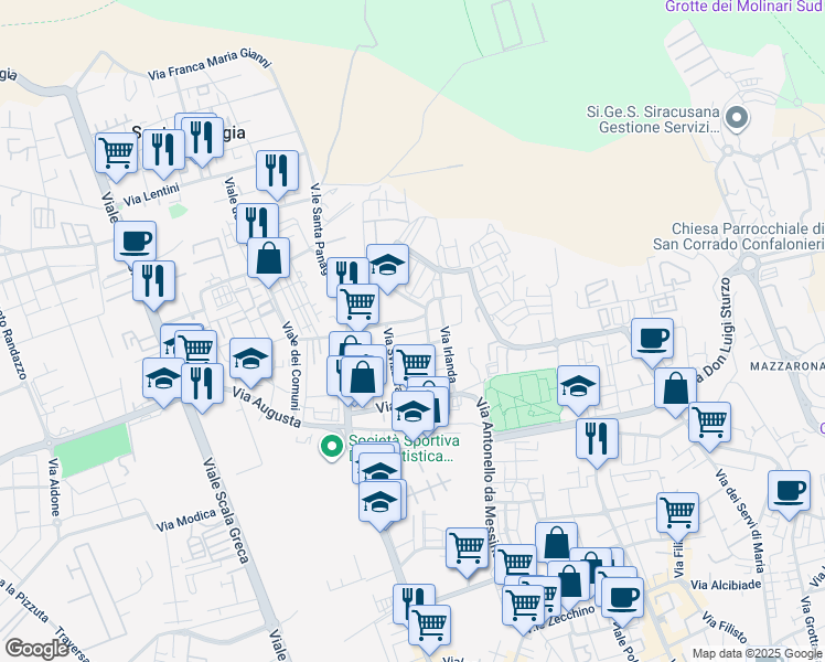 map of restaurants, bars, coffee shops, grocery stores, and more near 14b Via Austria in Siracusa