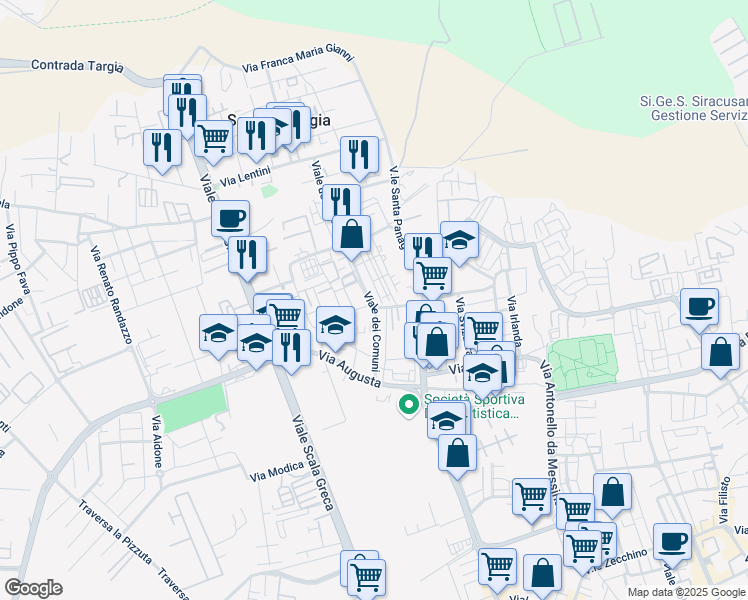 map of restaurants, bars, coffee shops, grocery stores, and more near 53 Viale dei Comuni in Siracusa