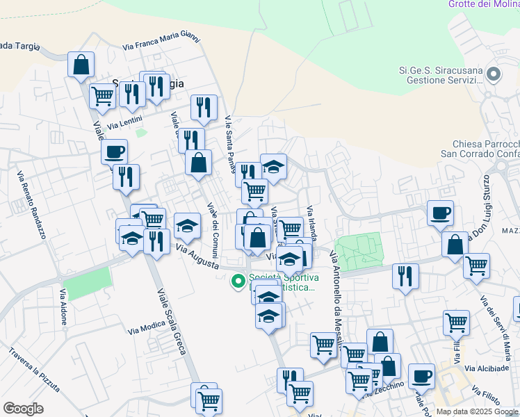 map of restaurants, bars, coffee shops, grocery stores, and more near 33 Via Ungheria in Siracusa