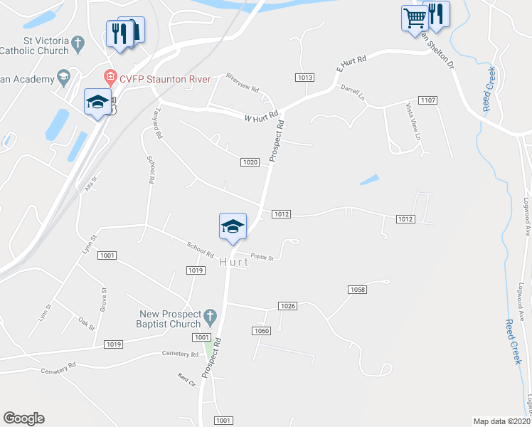map of restaurants, bars, coffee shops, grocery stores, and more near 300 Prospect Road in Hurt