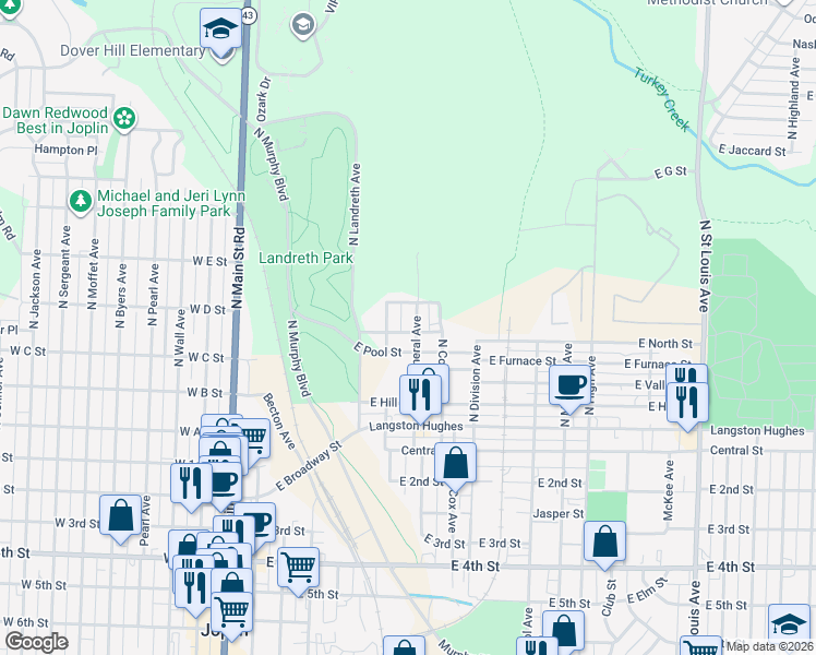 map of restaurants, bars, coffee shops, grocery stores, and more near 504 North Mineral Avenue in Joplin