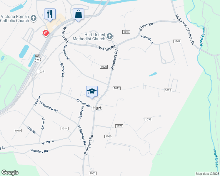 map of restaurants, bars, coffee shops, grocery stores, and more near 300 Prospect Road in Hurt