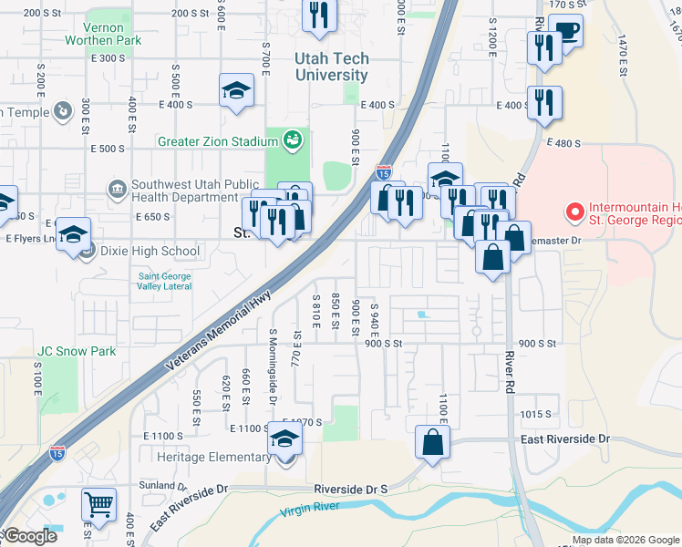 map of restaurants, bars, coffee shops, grocery stores, and more near 863 E Morningside Dr in St George