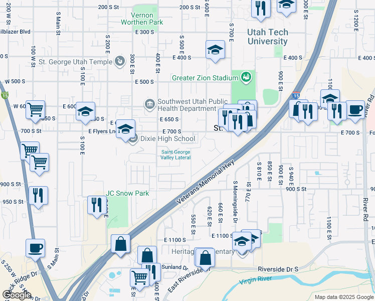 map of restaurants, bars, coffee shops, grocery stores, and more near 774 Cambridge Drive in St. George
