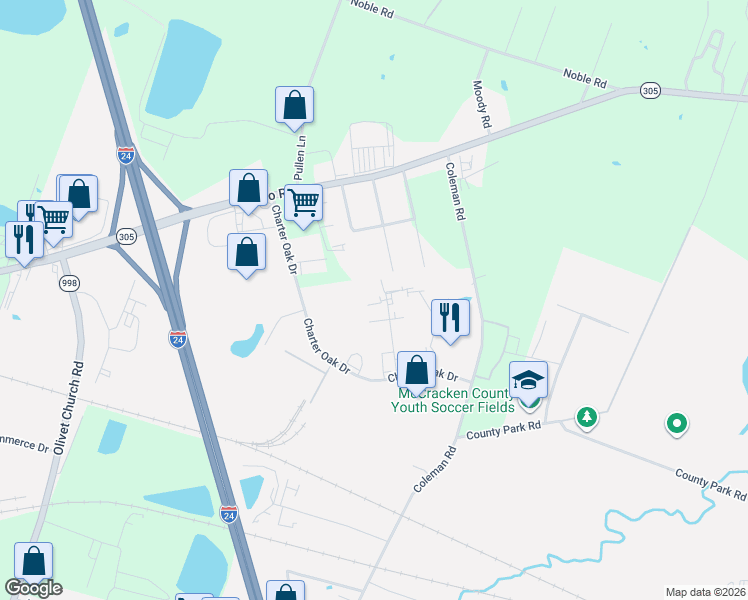 map of restaurants, bars, coffee shops, grocery stores, and more near 3825-3899 Industrial Drive in Paducah