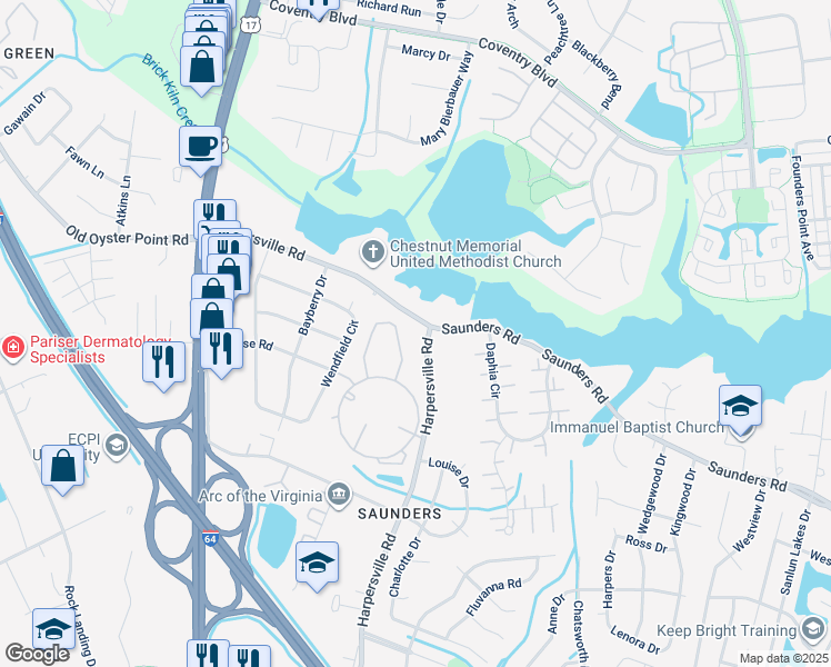 map of restaurants, bars, coffee shops, grocery stores, and more near 981 Harpersville Road in Newport News
