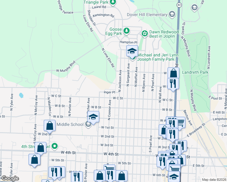 map of restaurants, bars, coffee shops, grocery stores, and more near 75 Inger Place in Joplin