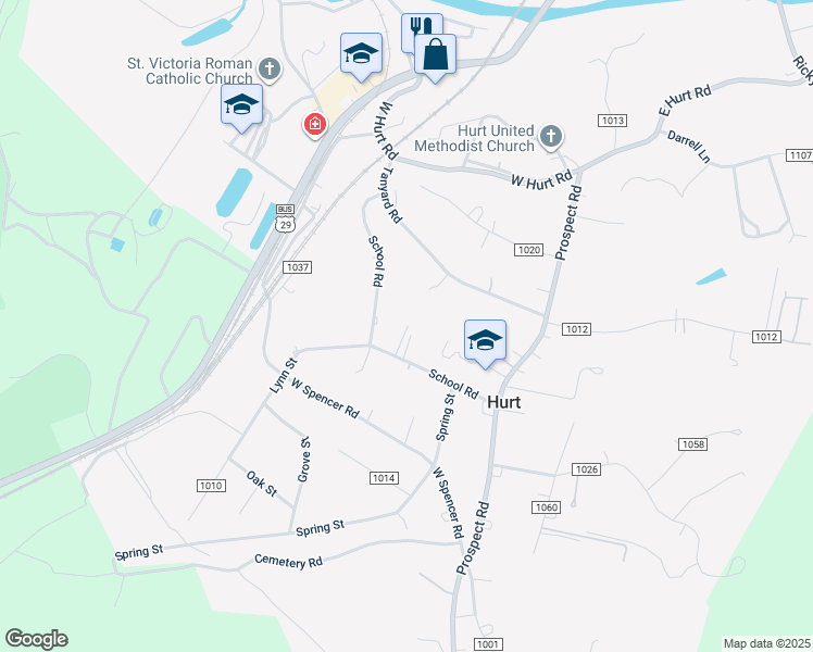 map of restaurants, bars, coffee shops, grocery stores, and more near 214 School Road in Hurt