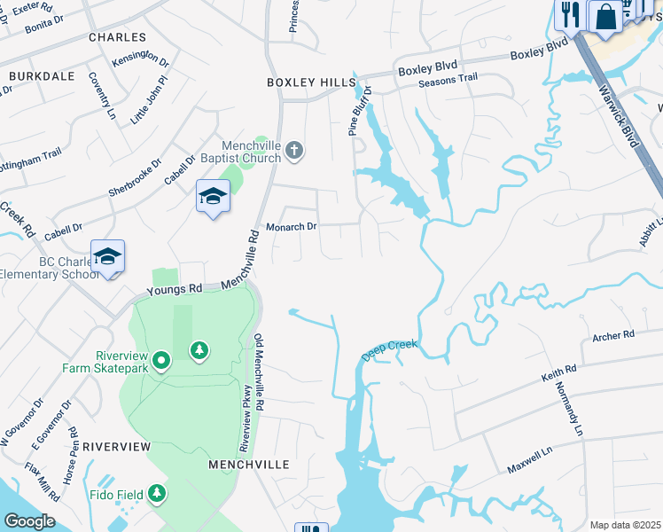 map of restaurants, bars, coffee shops, grocery stores, and more near 193 Lori Cir in Newport News