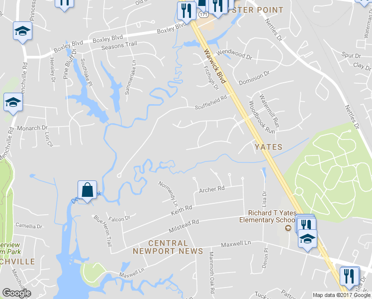 map of restaurants, bars, coffee shops, grocery stores, and more near 1 Pointers Glen in Newport News