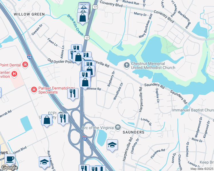 map of restaurants, bars, coffee shops, grocery stores, and more near 13 Bayberry Drive in Newport News