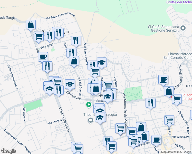 map of restaurants, bars, coffee shops, grocery stores, and more near 33 Via Ungheria in Siracusa
