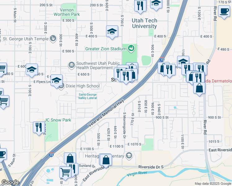 map of restaurants, bars, coffee shops, grocery stores, and more near 665 Concord Way in St George